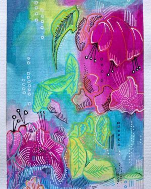 small painting pink flowers gouache acrylic abstract blue green handmade janet bright