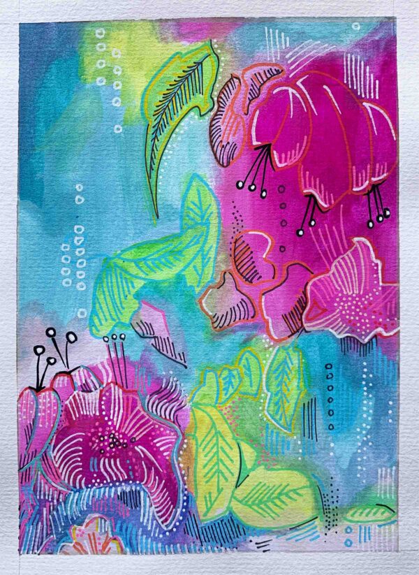 small painting pink flowers gouache acrylic abstract blue green handmade janet bright