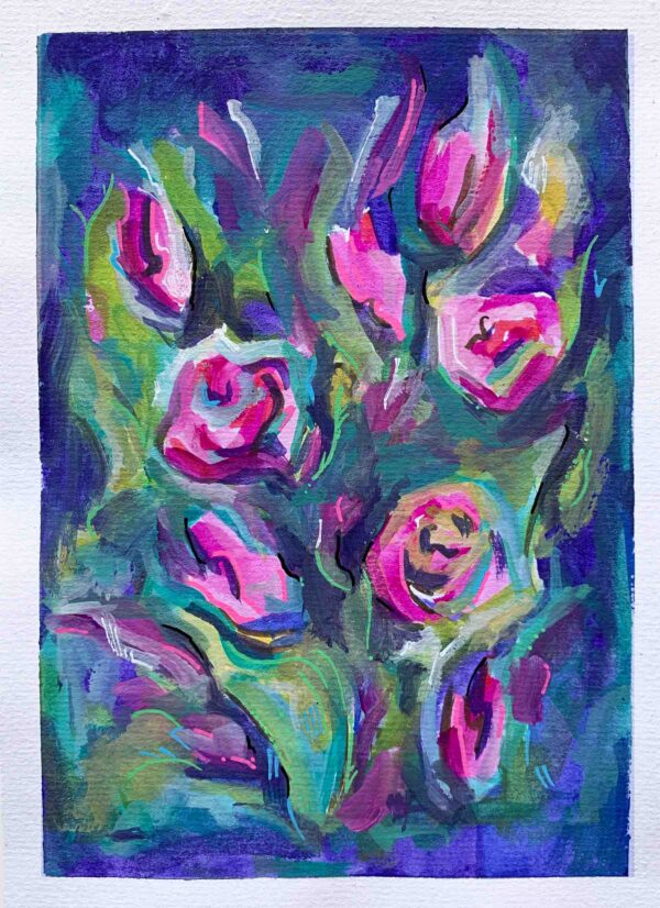 thebrightshoppe small paintings gouache art bouquet pink