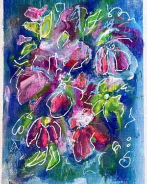 night garden small acrylic painting dark blue pink janet bright