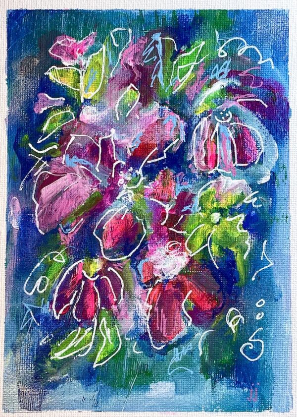 night garden small acrylic painting dark blue pink janet bright