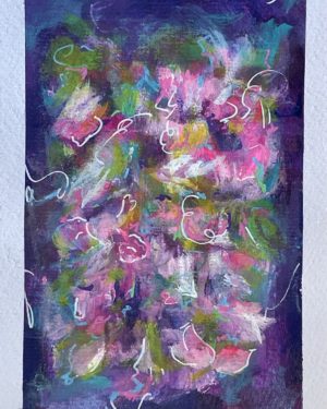 Violet skies small acrylic painting abstract flowers garden