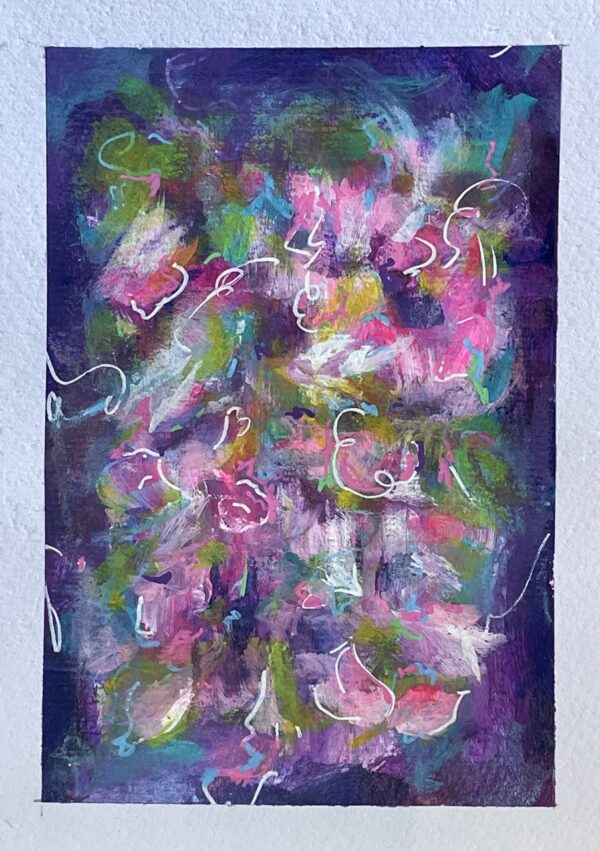 Violet skies small acrylic painting abstract flowers garden