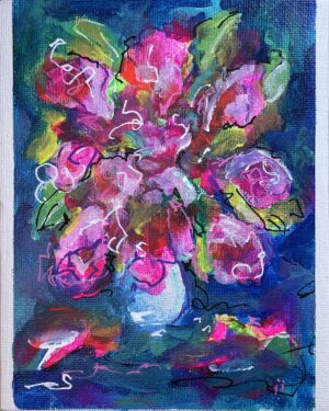 pink flowers in vase small painting colourful janet bright artist