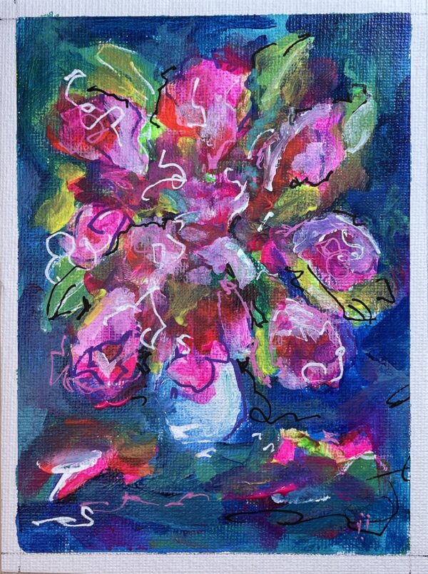 pink flowers in vase small painting colourful janet bright artist