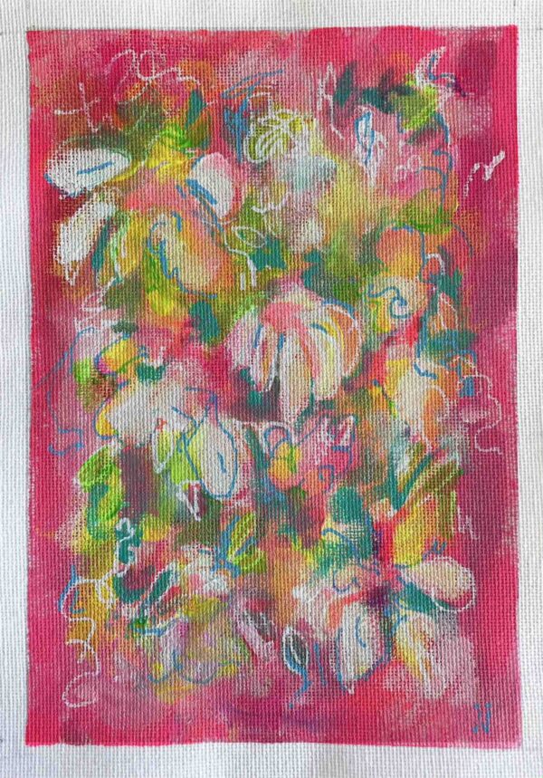 pink sky daisies small acrylic painting colourful pink yellow janet bright