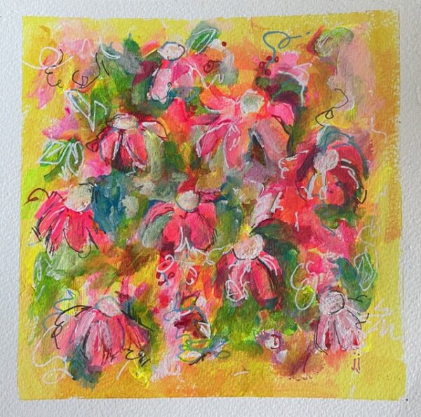 sunny summer yellow pink painting flowers garden colourful janet bright